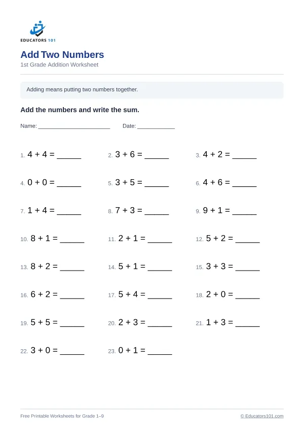 Add Two Numbers worksheet 8 — 1st Grade