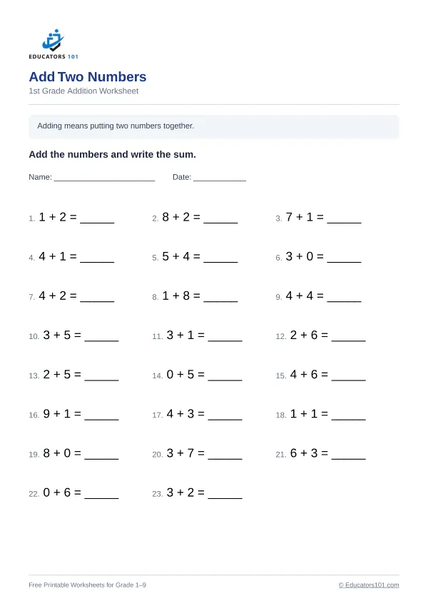 Add Two Numbers worksheet 12 — 1st Grade