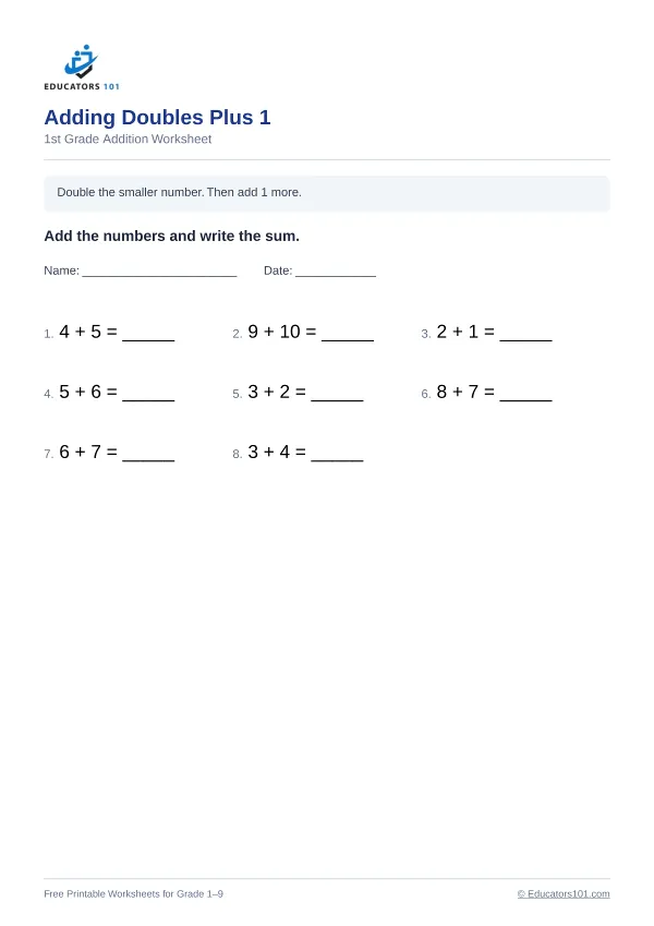 Adding Doubles Plus 1 worksheet 9 — 1st Grade