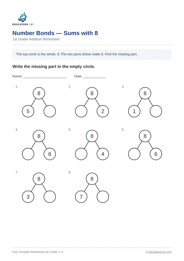 Number Bonds — Sums with 8 worksheet 13 — 1st Grade