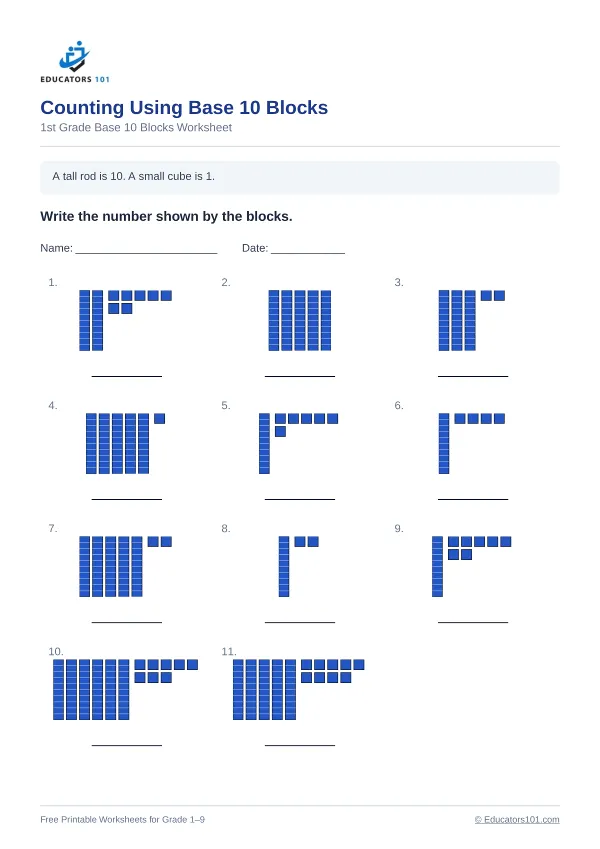 Counting Using Base 10 Blocks worksheet 1 — 1st Grade