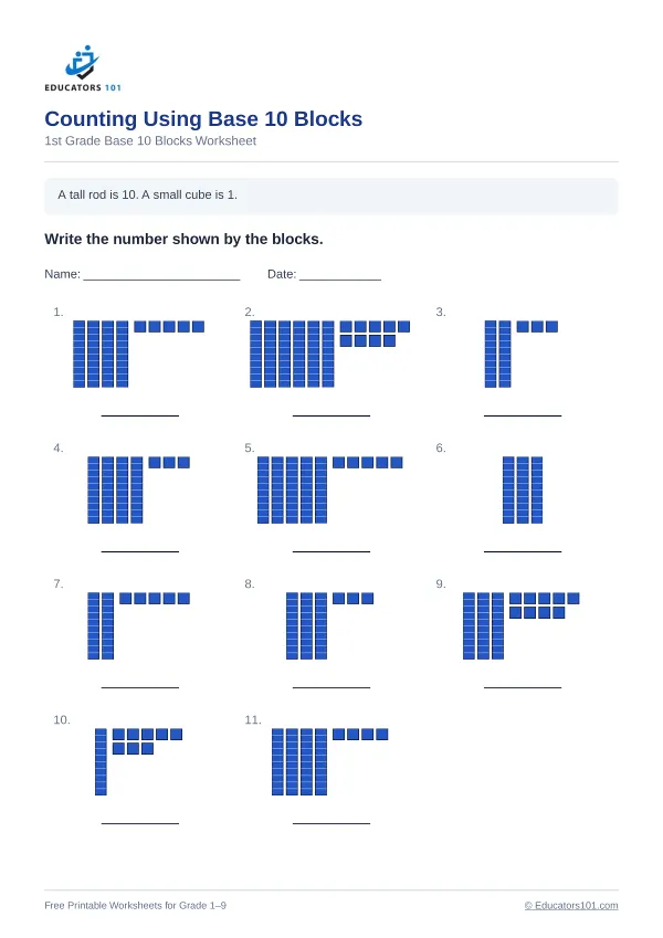 Counting Using Base 10 Blocks worksheet 2 — 1st Grade