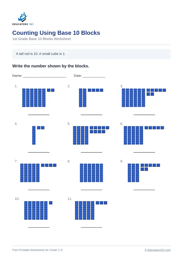 Counting Using Base 10 Blocks worksheet 3 — 1st Grade