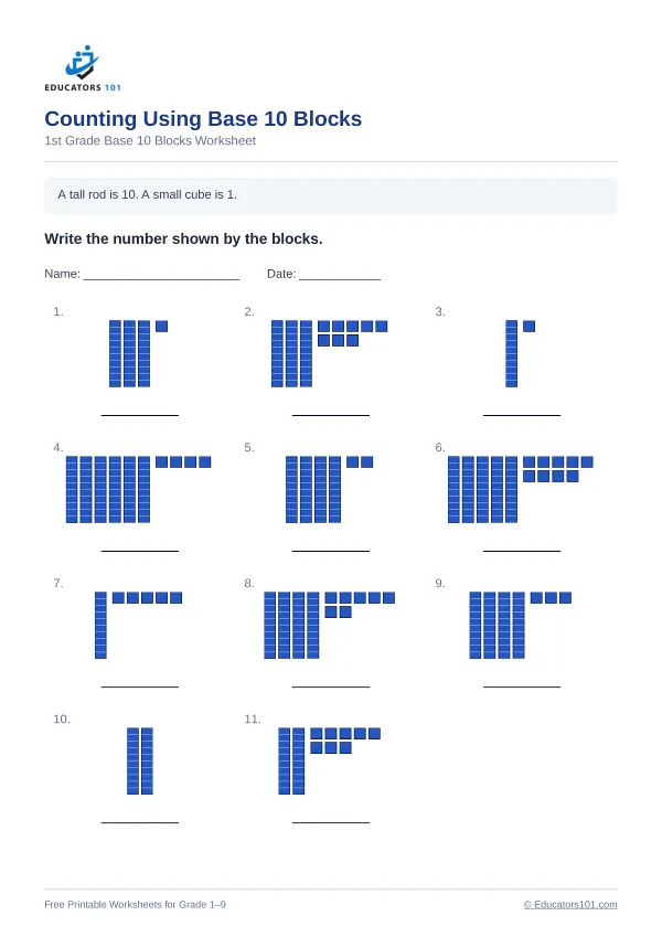 Counting Using Base 10 Blocks worksheet 4 — 1st Grade