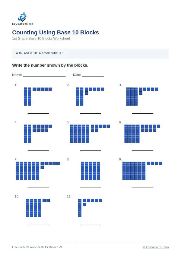 Counting Using Base 10 Blocks worksheet 5 — 1st Grade