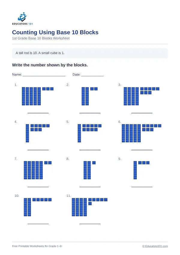 Counting Using Base 10 Blocks worksheet 6 — 1st Grade