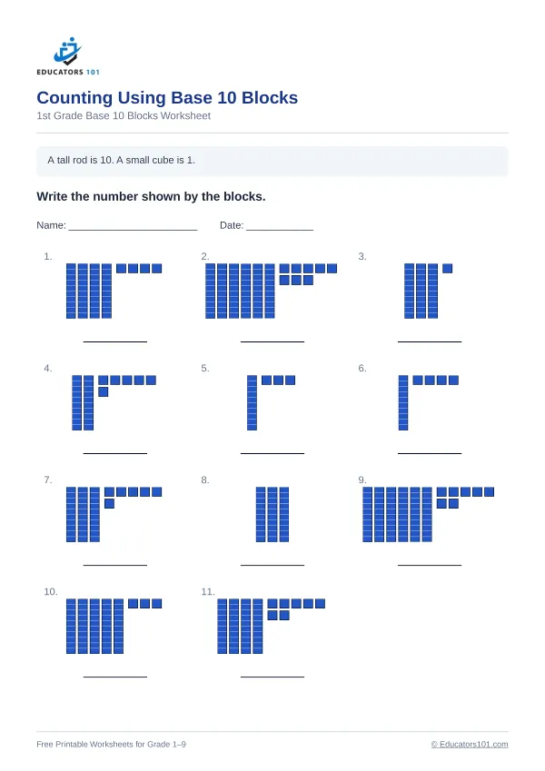 Counting Using Base 10 Blocks worksheet 7 — 1st Grade