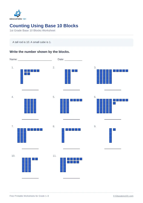 Counting Using Base 10 Blocks worksheet 8 — 1st Grade