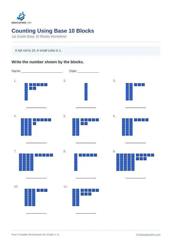 Counting Using Base 10 Blocks worksheet 9 — 1st Grade