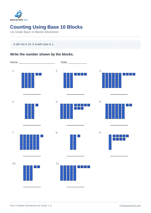 Counting Using Base 10 Blocks worksheet 10 — 1st Grade
