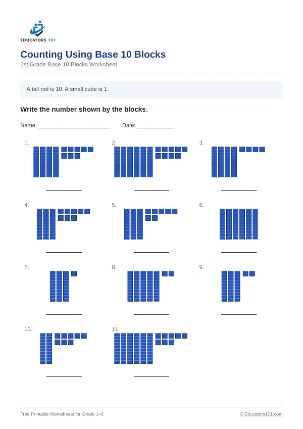 Counting Using Base 10 Blocks worksheet 11 — 1st Grade