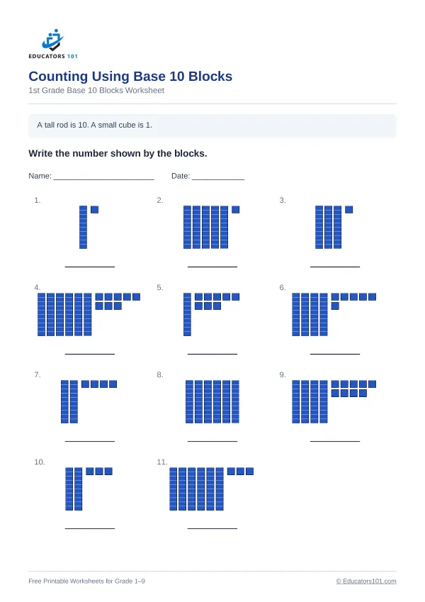 Counting Using Base 10 Blocks worksheet 12 — 1st Grade