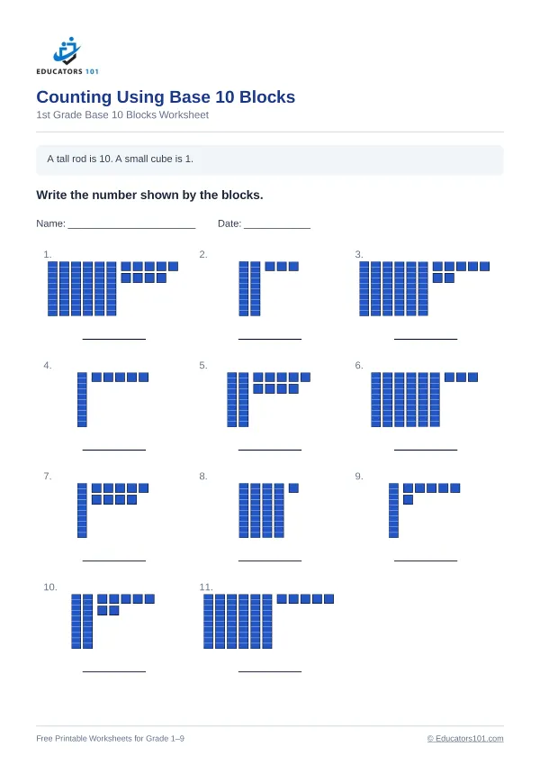 Counting Using Base 10 Blocks worksheet 13 — 1st Grade
