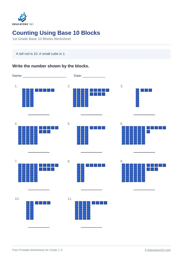Counting Using Base 10 Blocks worksheet 14 — 1st Grade