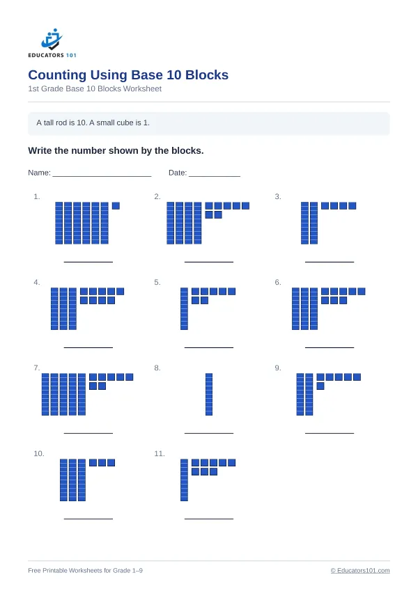 Counting Using Base 10 Blocks worksheet 15 — 1st Grade
