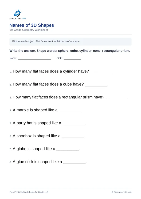 Names of 3D Shapes worksheet 1 — 1st Grade
