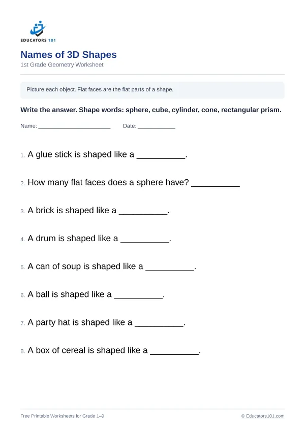 Names of 3D Shapes worksheet 2 — 1st Grade