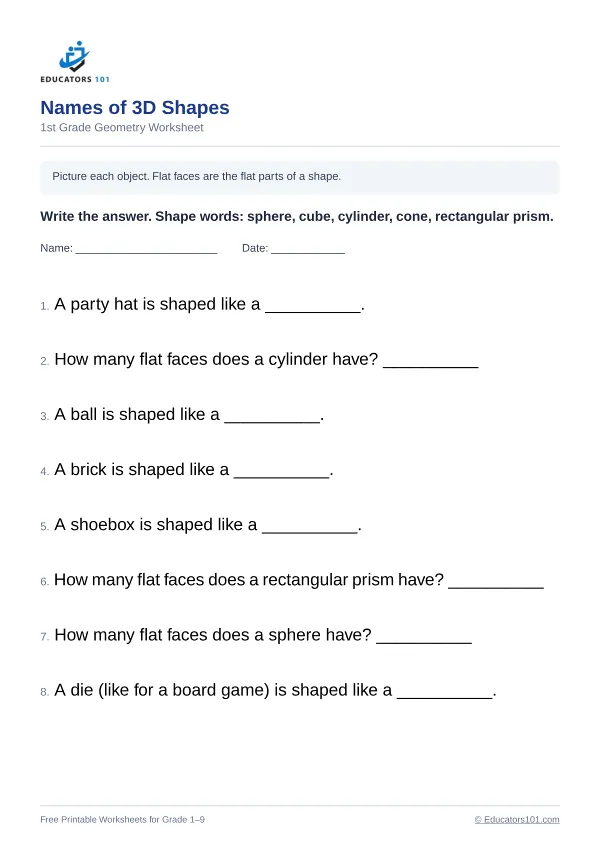 Names of 3D Shapes worksheet 3 — 1st Grade