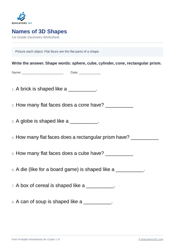 Names of 3D Shapes worksheet 4 — 1st Grade