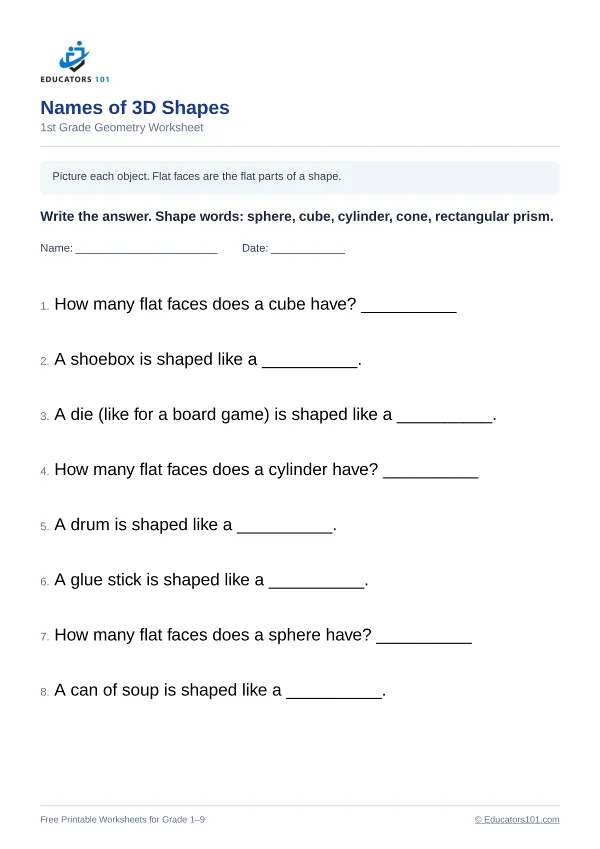 Names of 3D Shapes worksheet 5 — 1st Grade