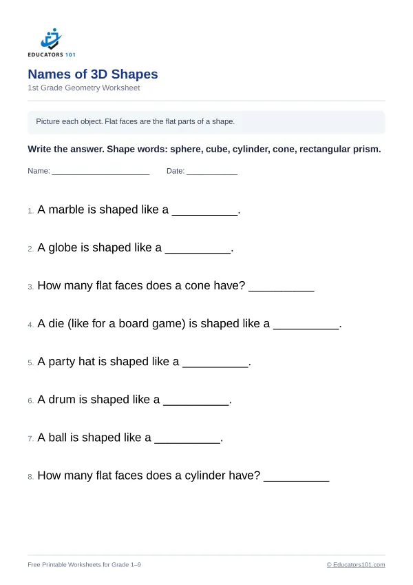 Names of 3D Shapes worksheet 6 — 1st Grade