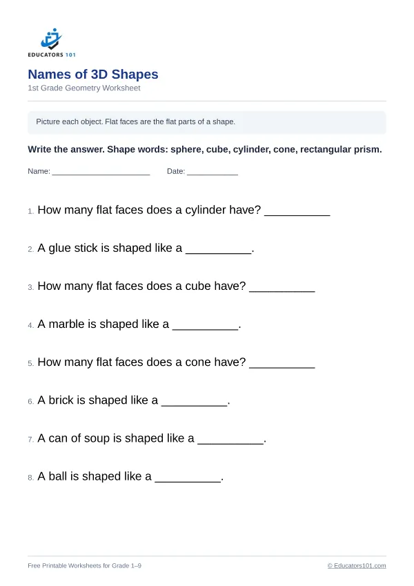 Names of 3D Shapes worksheet 7 — 1st Grade