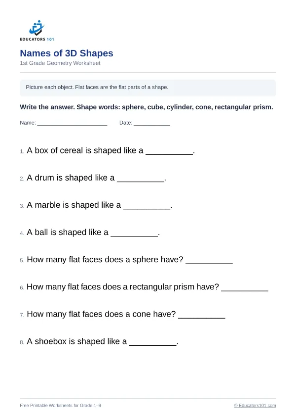 Names of 3D Shapes worksheet 8 — 1st Grade