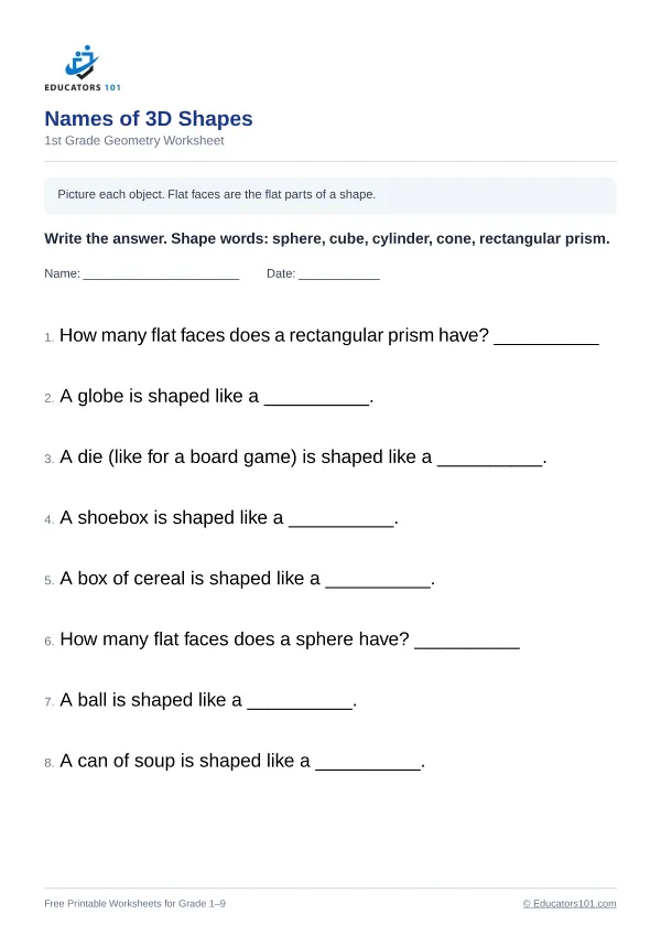 Names of 3D Shapes worksheet 9 — 1st Grade