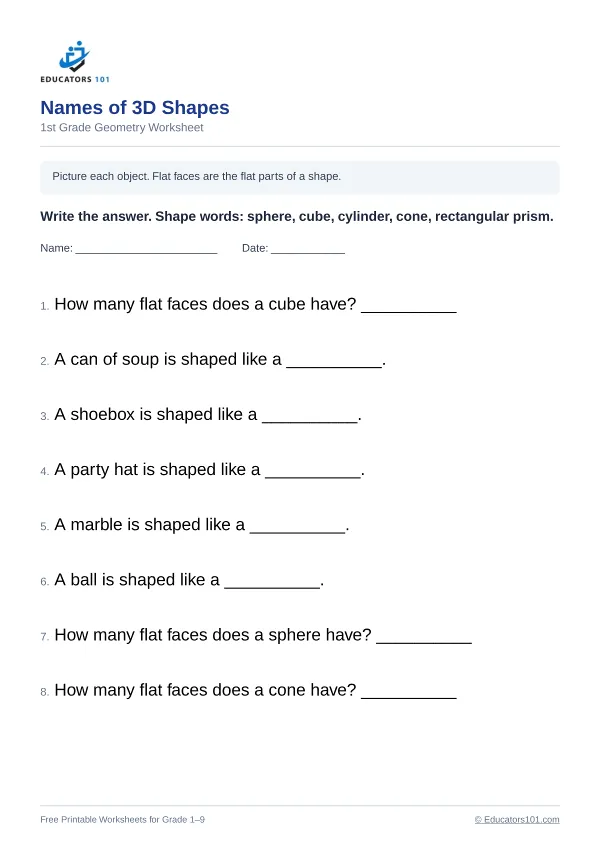 Names of 3D Shapes worksheet 10 — 1st Grade