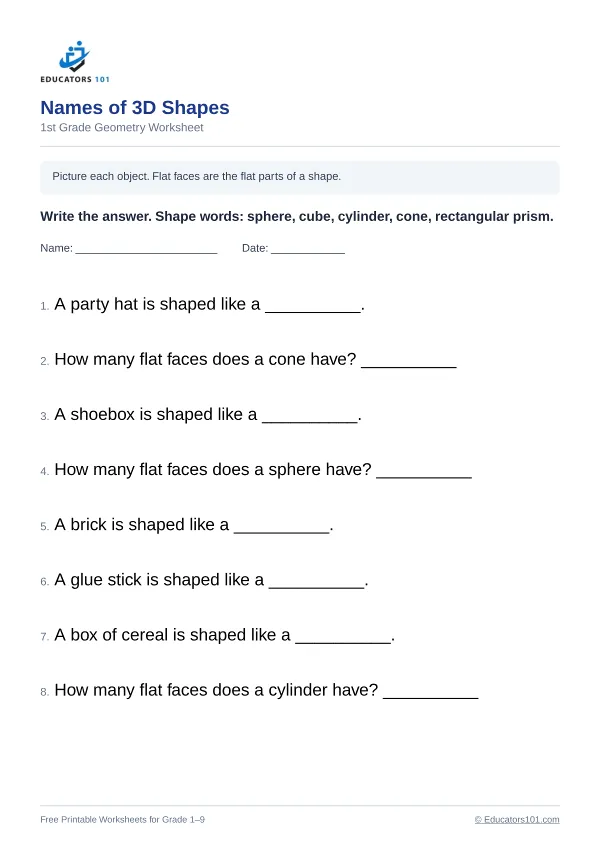 Names of 3D Shapes worksheet 11 — 1st Grade