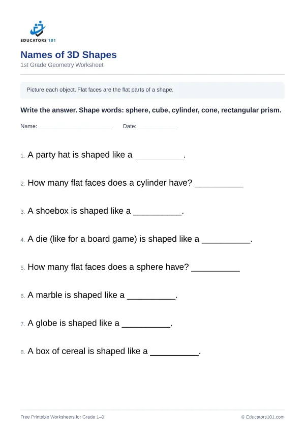 Names of 3D Shapes worksheet 12 — 1st Grade