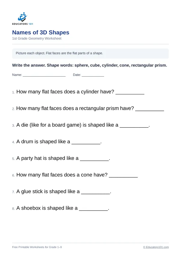 Names of 3D Shapes worksheet 13 — 1st Grade