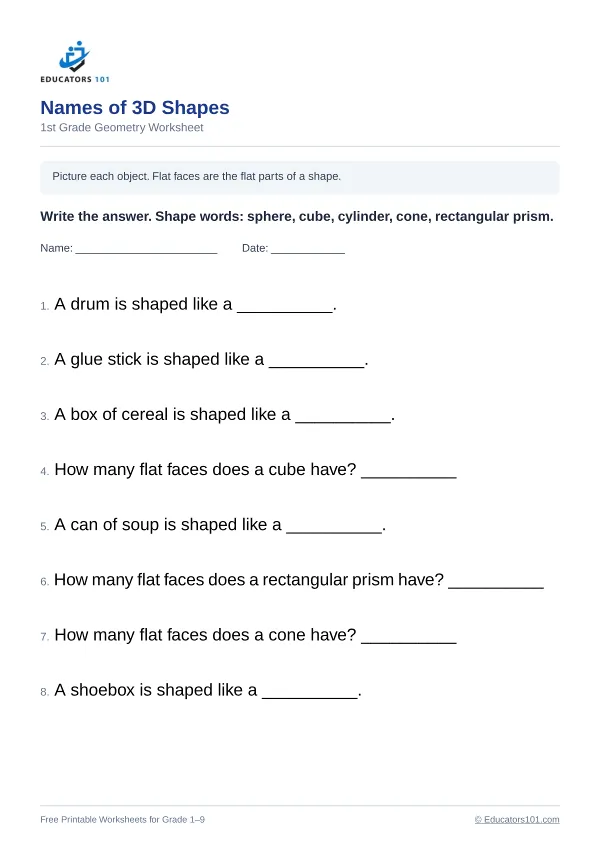 Names of 3D Shapes worksheet 14 — 1st Grade