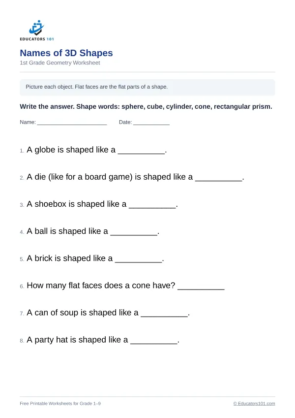 Names of 3D Shapes worksheet 15 — 1st Grade