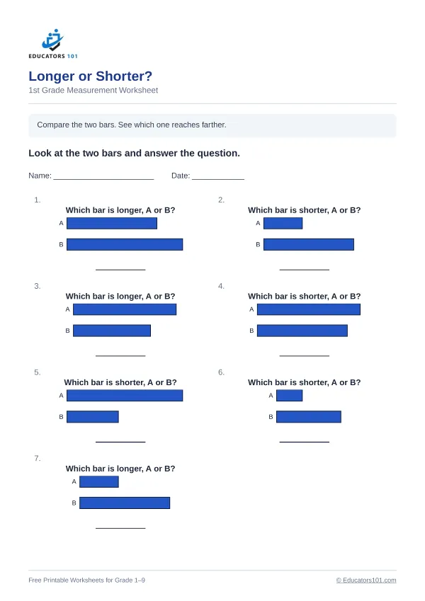Longer or Shorter? worksheet 9 — 1st Grade