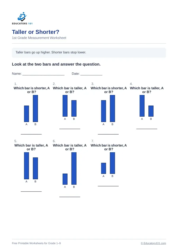 Taller or Shorter? worksheet 1 — 1st Grade