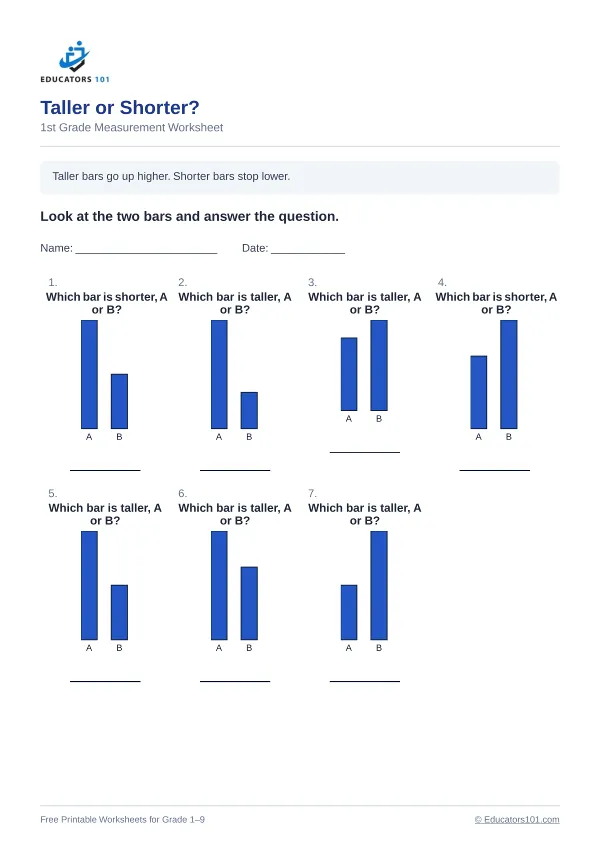 Taller or Shorter? worksheet 2 — 1st Grade