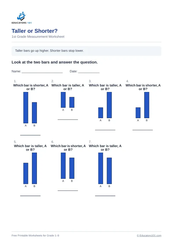 Taller or Shorter? worksheet 3 — 1st Grade