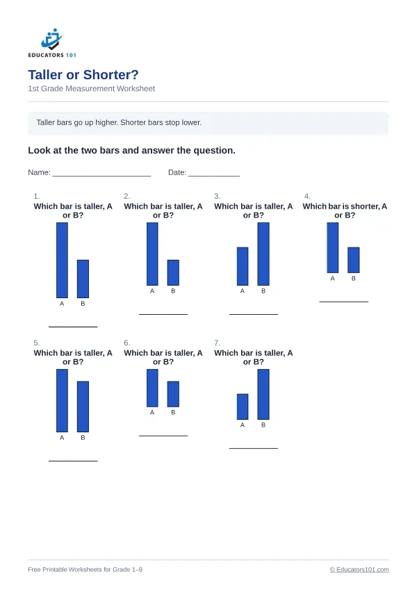 Taller or Shorter? worksheet 4 — 1st Grade