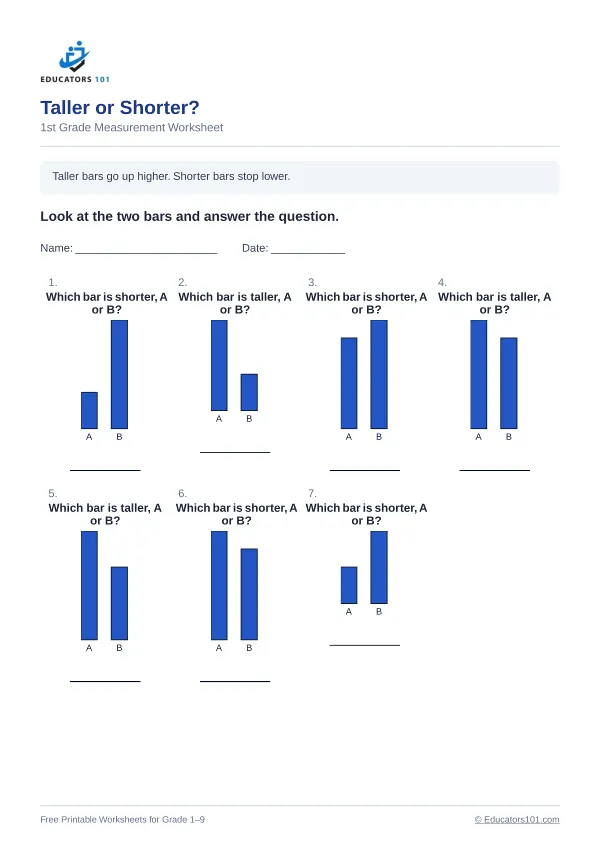 Taller or Shorter? worksheet 5 — 1st Grade