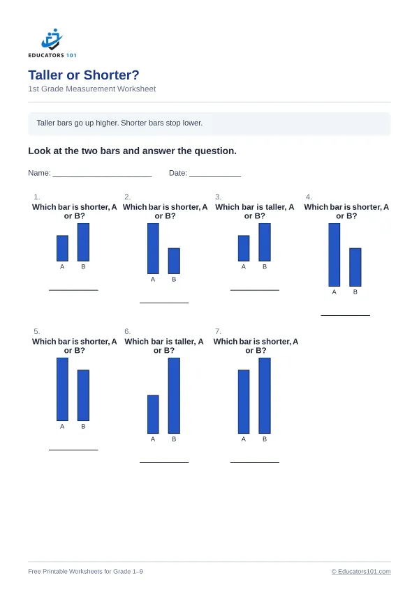 Taller or Shorter? worksheet 6 — 1st Grade