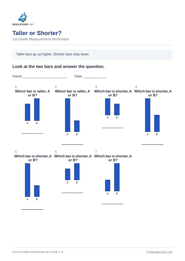 Taller or Shorter? worksheet 7 — 1st Grade