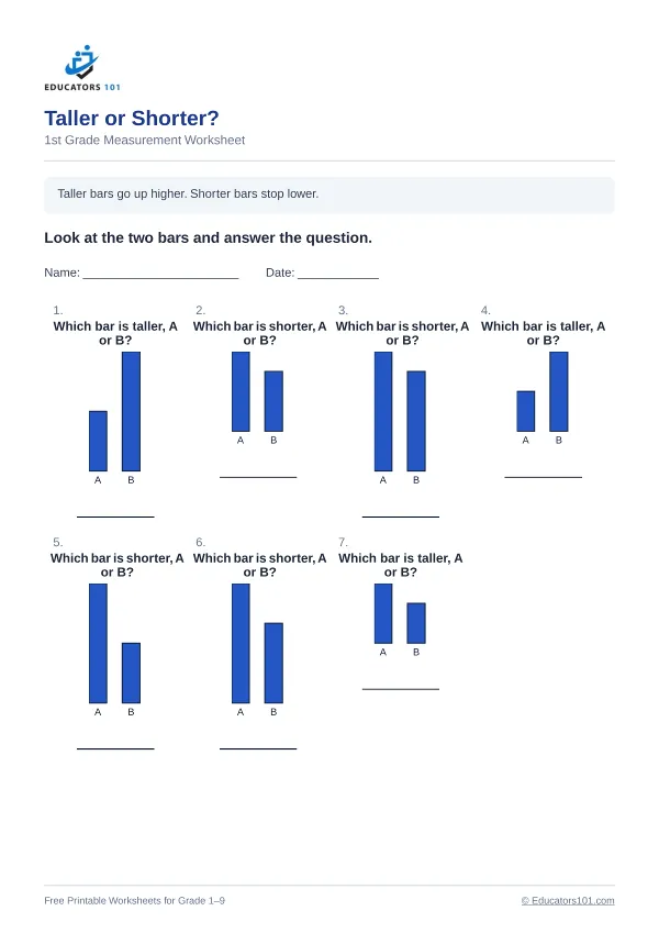 Taller or Shorter? worksheet 8 — 1st Grade