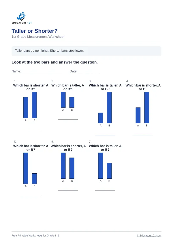 Taller or Shorter? worksheet 9 — 1st Grade