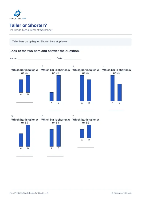 Taller or Shorter? worksheet 10 — 1st Grade