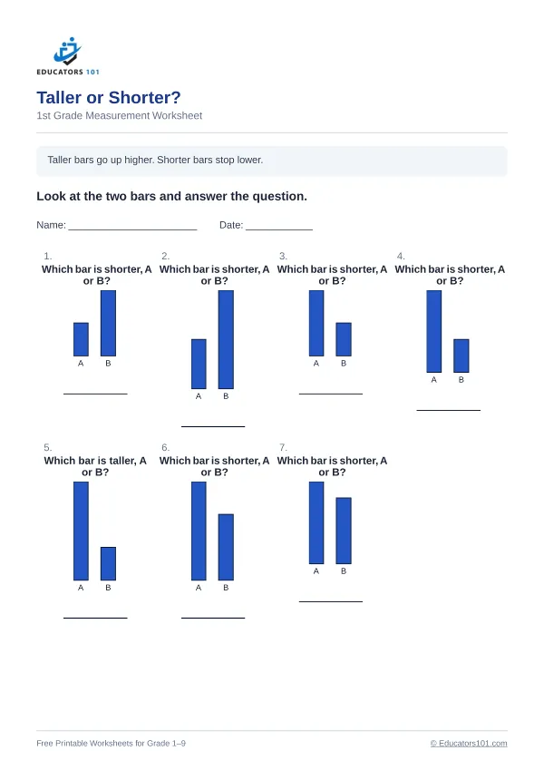 Taller or Shorter? worksheet 11 — 1st Grade