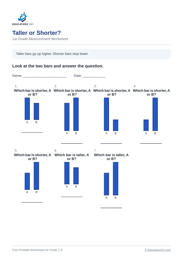 Taller or Shorter? worksheet 12 — 1st Grade