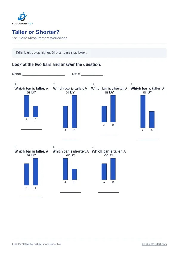 Taller or Shorter? worksheet 13 — 1st Grade