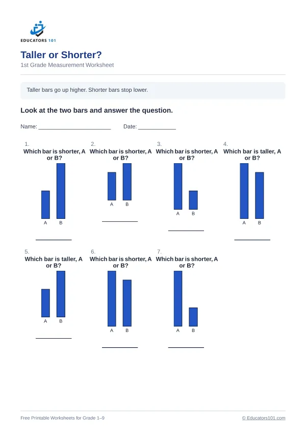 Taller or Shorter? worksheet 14 — 1st Grade