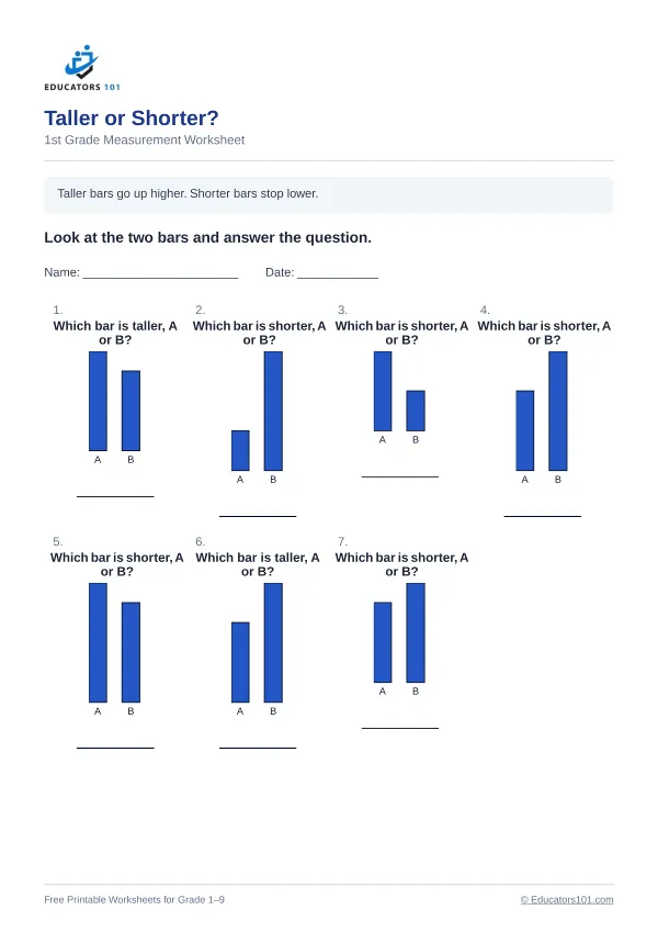 Taller or Shorter? worksheet 15 — 1st Grade